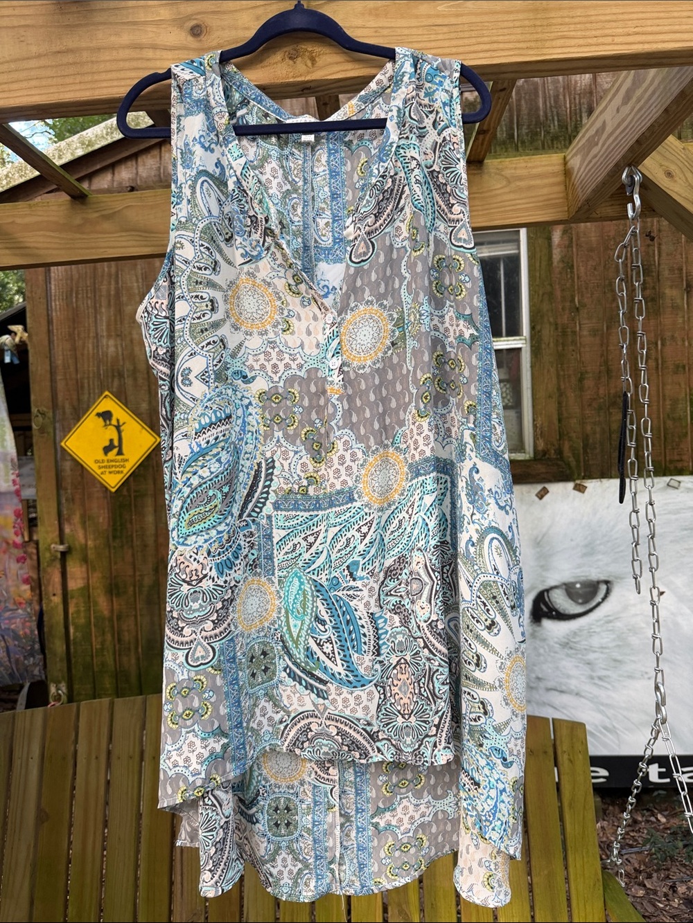 Sleeveless Paisley V-Neck Blouse in Teal, Gray & Cream 3x  Spense  woman
